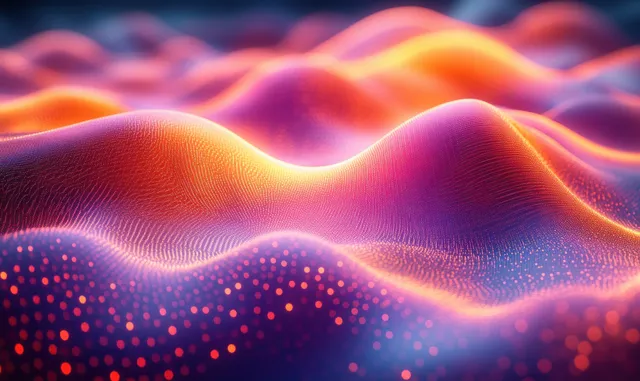 Abstract neon waves glow over a purple mesh surface with scattered particle dots and luminous grid lines.