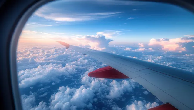 Airplane wing and winglet visible from an airplane window above fluffy clouds under a vibrant blue sky.