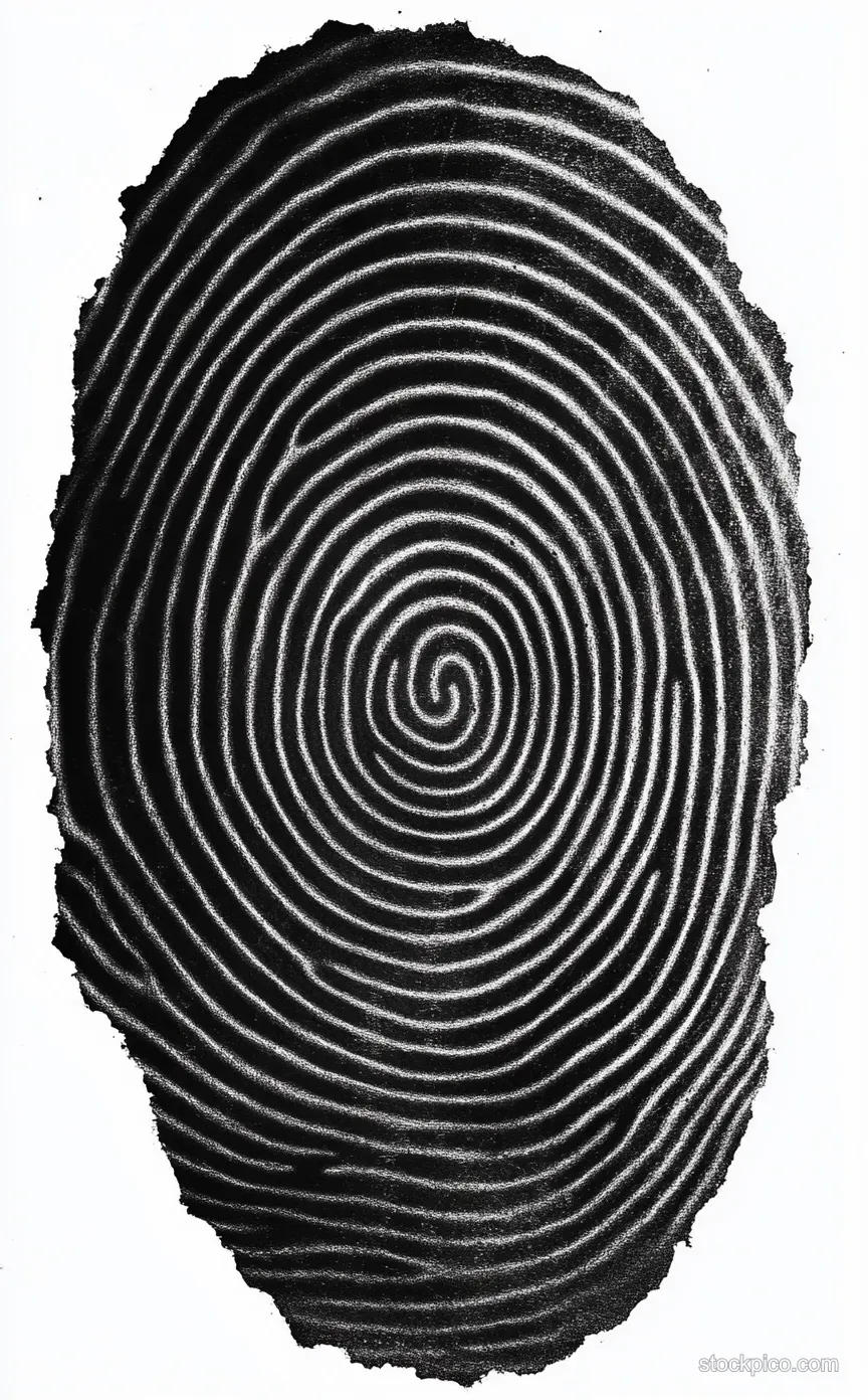 A macro black fingerprint pattern with swirling concentric ridges and a central whorl on a white background.