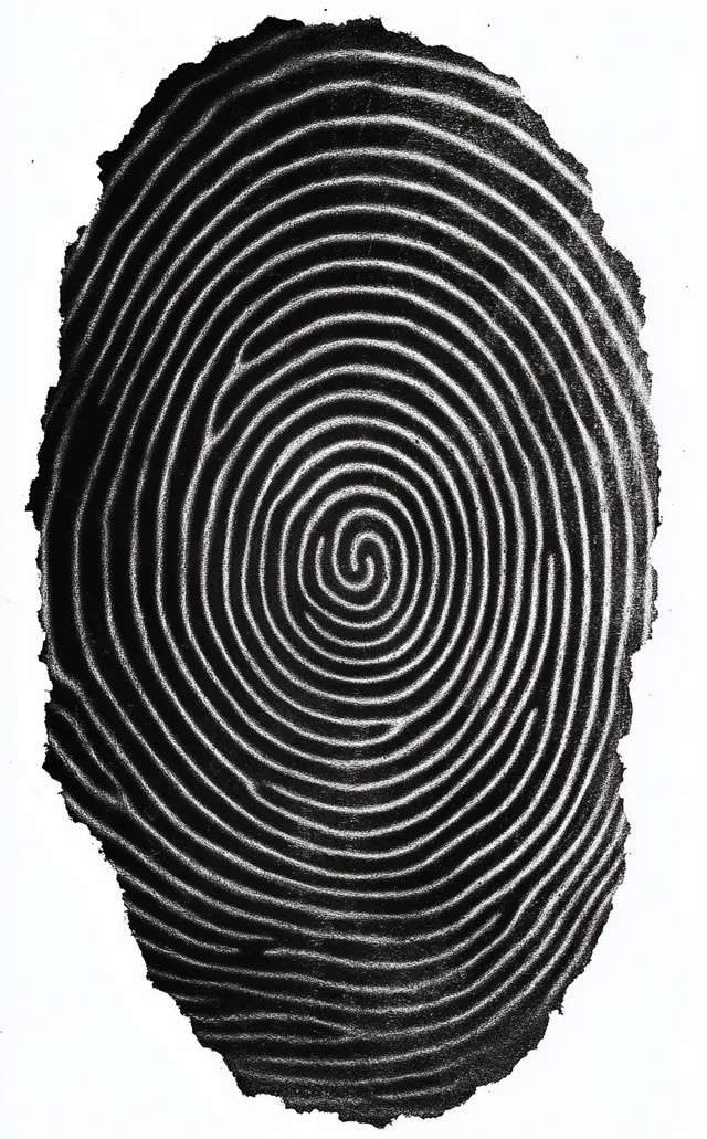 Close-up of black fingerprint ridges swirling into a spiral whorl on white background