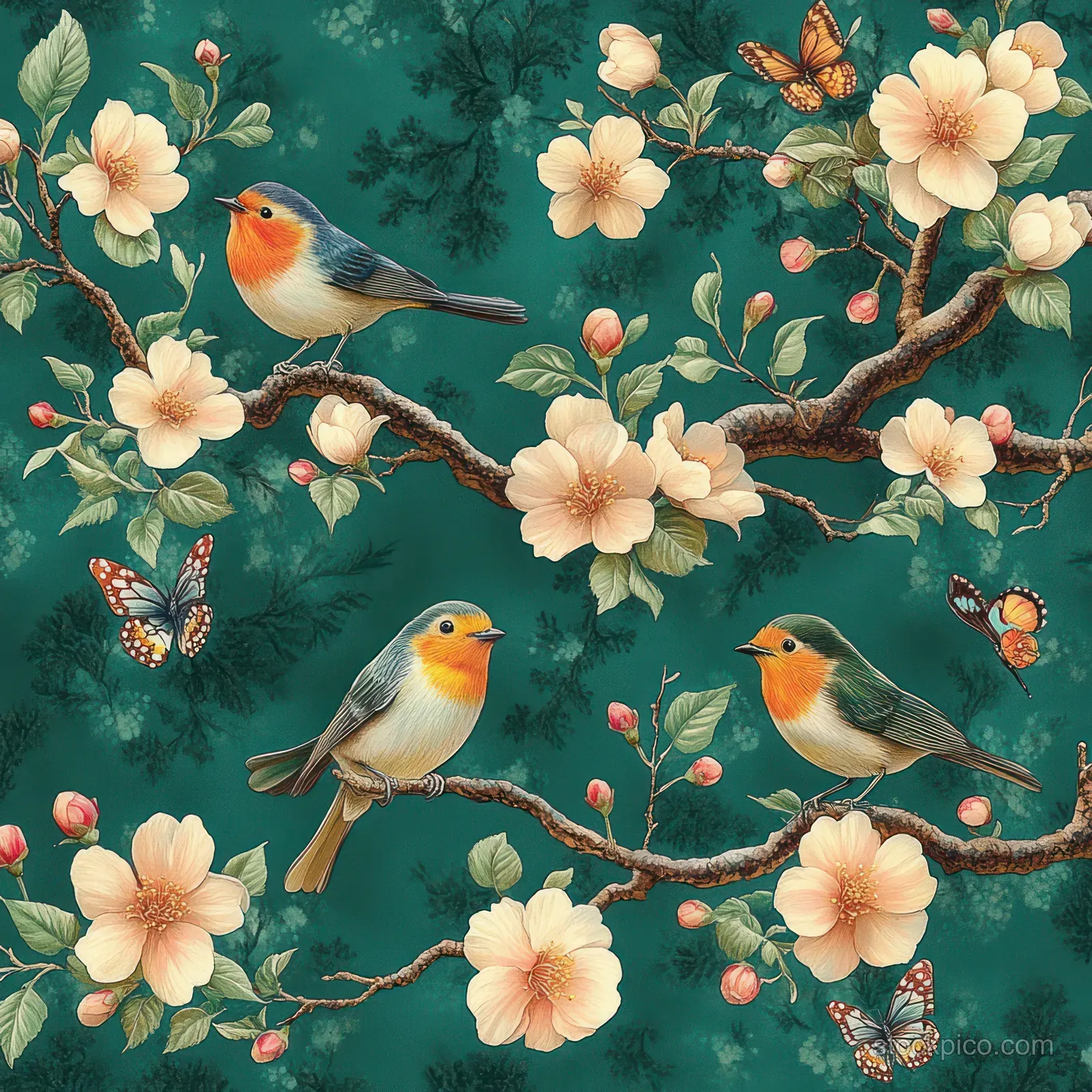 Three small colorful birds perched on blooming tree branches surrounded by pale flowers and orange butterflies.