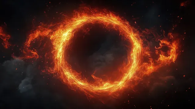 Fiery glowing circle ring of light swirling through dark smoky space