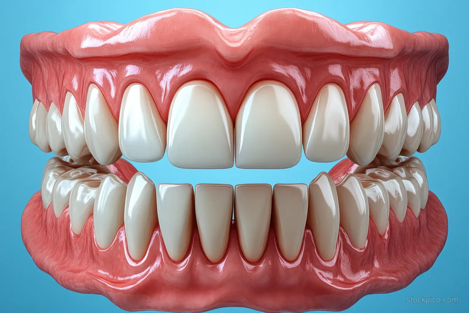 Illustration of healthy gums and white teeth with detailed enamel texture on a blue background.
