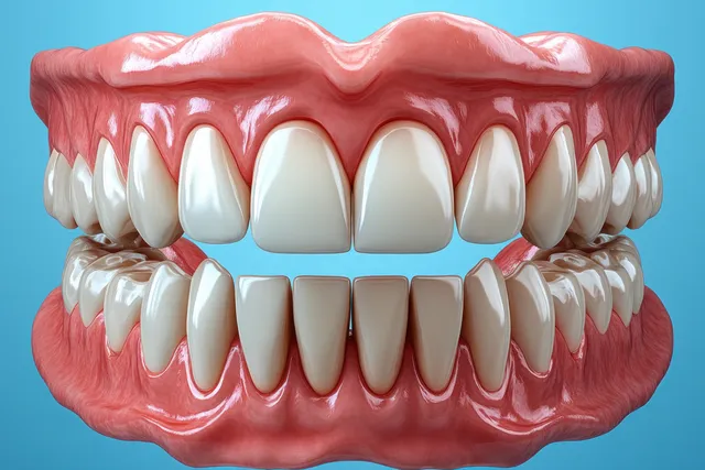 Illustration of healthy gums and white teeth with detailed enamel texture on a blue background.