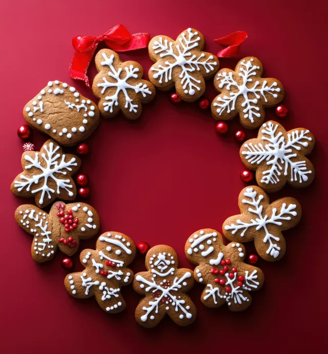 Gingerbread Cookies Arranged in a Festive Wreath on Red Background