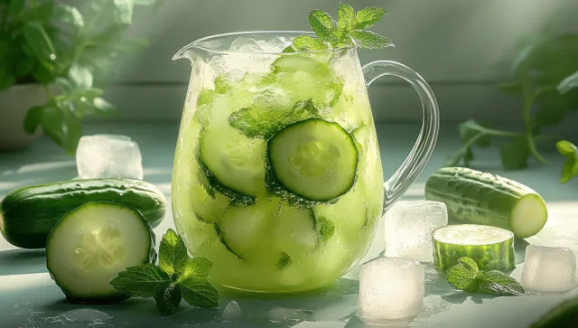 A clear pitcher of cucumber slices, mint leaves, and ice cubes on a bright surface with scattered cucumber pieces.