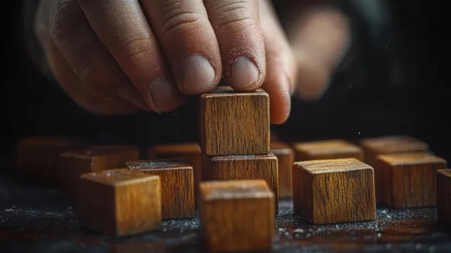 Close-up hand moves stacked wooden cubes on a dark table with dramatic shadows.