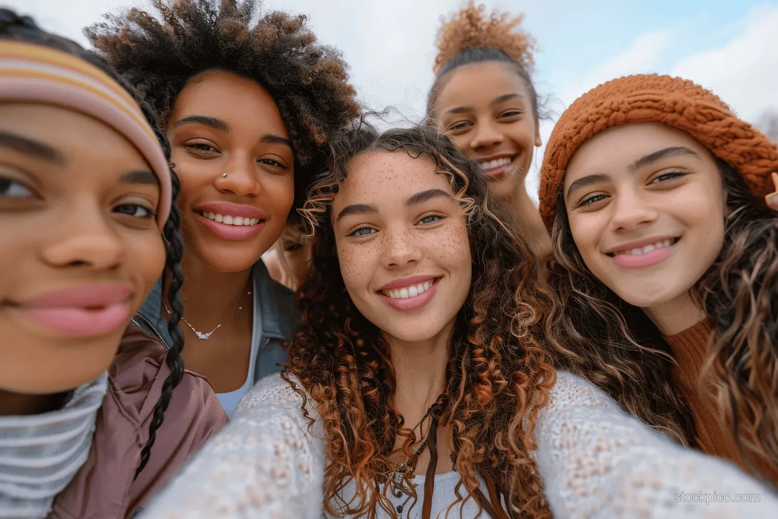 Multicultural group of young women smiling and hugging for a close outdoor selfie.