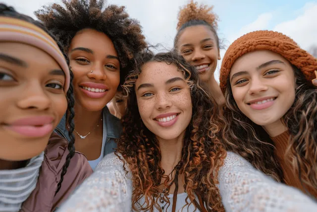 Multicultural young women smile closely for an outdoor selfie, hugging under cloudy sky