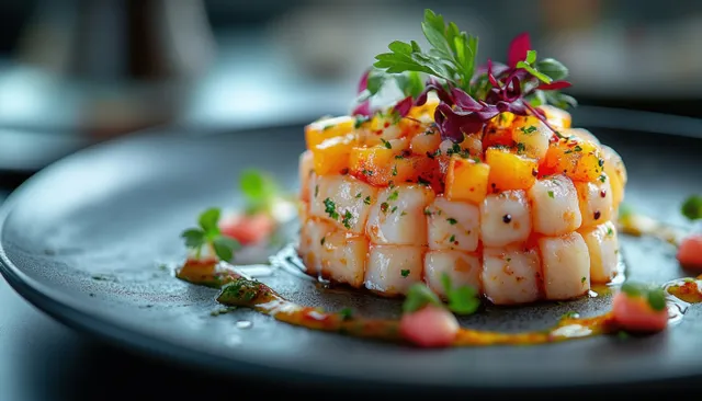 Shrimp pasta timbale sits on a gray plate with colorful vegetable garnish and fresh herbs in a close-up.