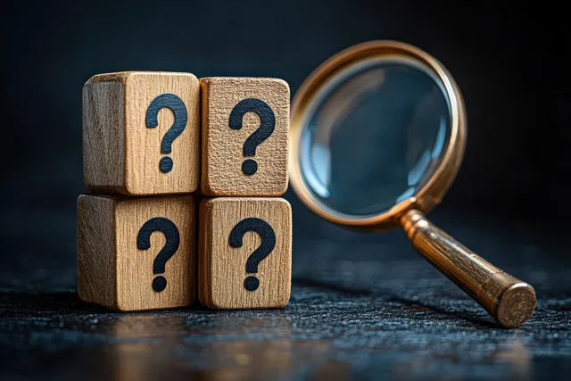 Wooden question mark blocks beside magnifying glass on dark table