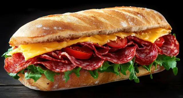 Layered salami, cheddar, tomato, and lettuce stuffed into a crusty baguette sandwich on a dark background.