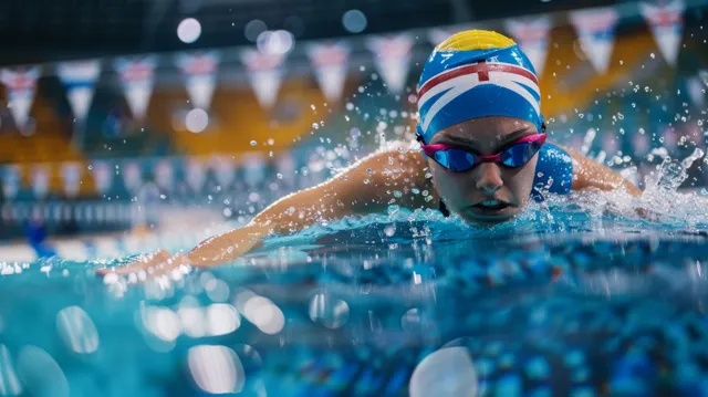 Female swimmer performs breaststroke in a blue pool with a big splash during a competitive race.