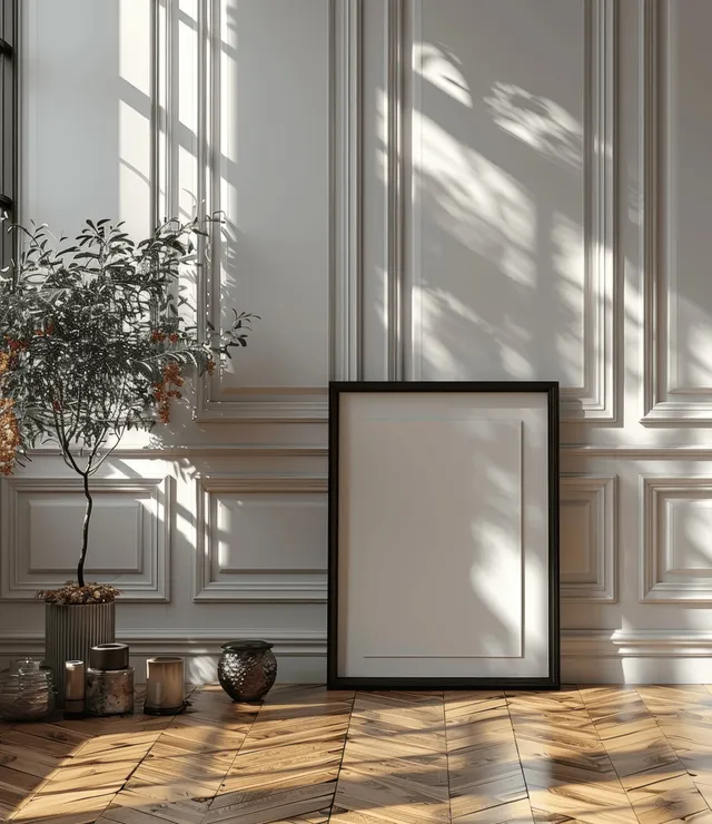 Black A4 photo frame standing on parquet floor beside light grey wall and window shadows