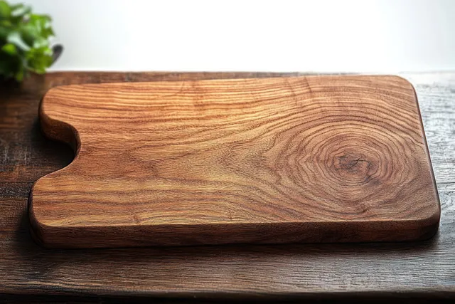 Wood cutting board on rustic tabletop with swirling grain under natural window light