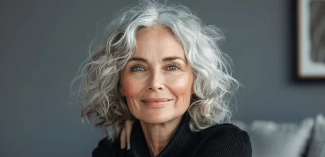 Smiling senior Black woman with curly grey hair looks away against a gray studio background.