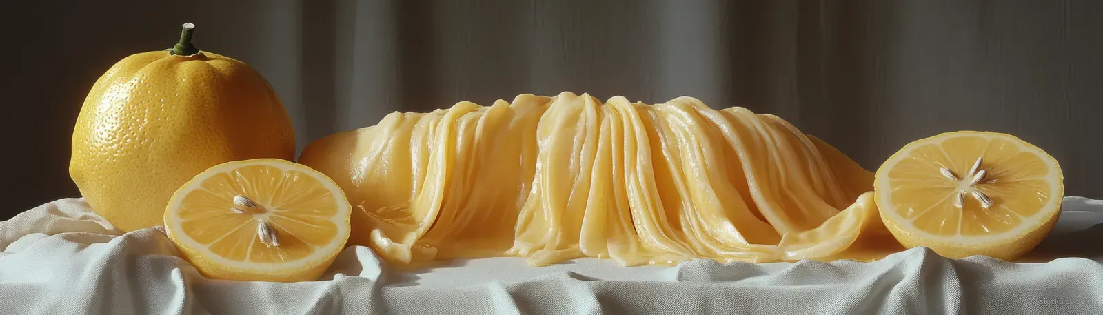 Whole and sliced lemons arranged on pleated fabric with bright yellow citrus segments.