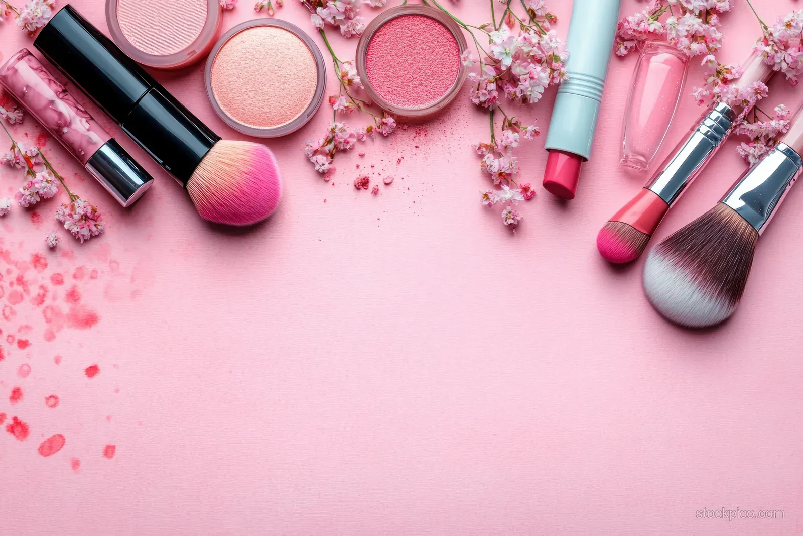Pink makeup brushes and cosmetics with scattered cherry blossom petals on a soft pink background.