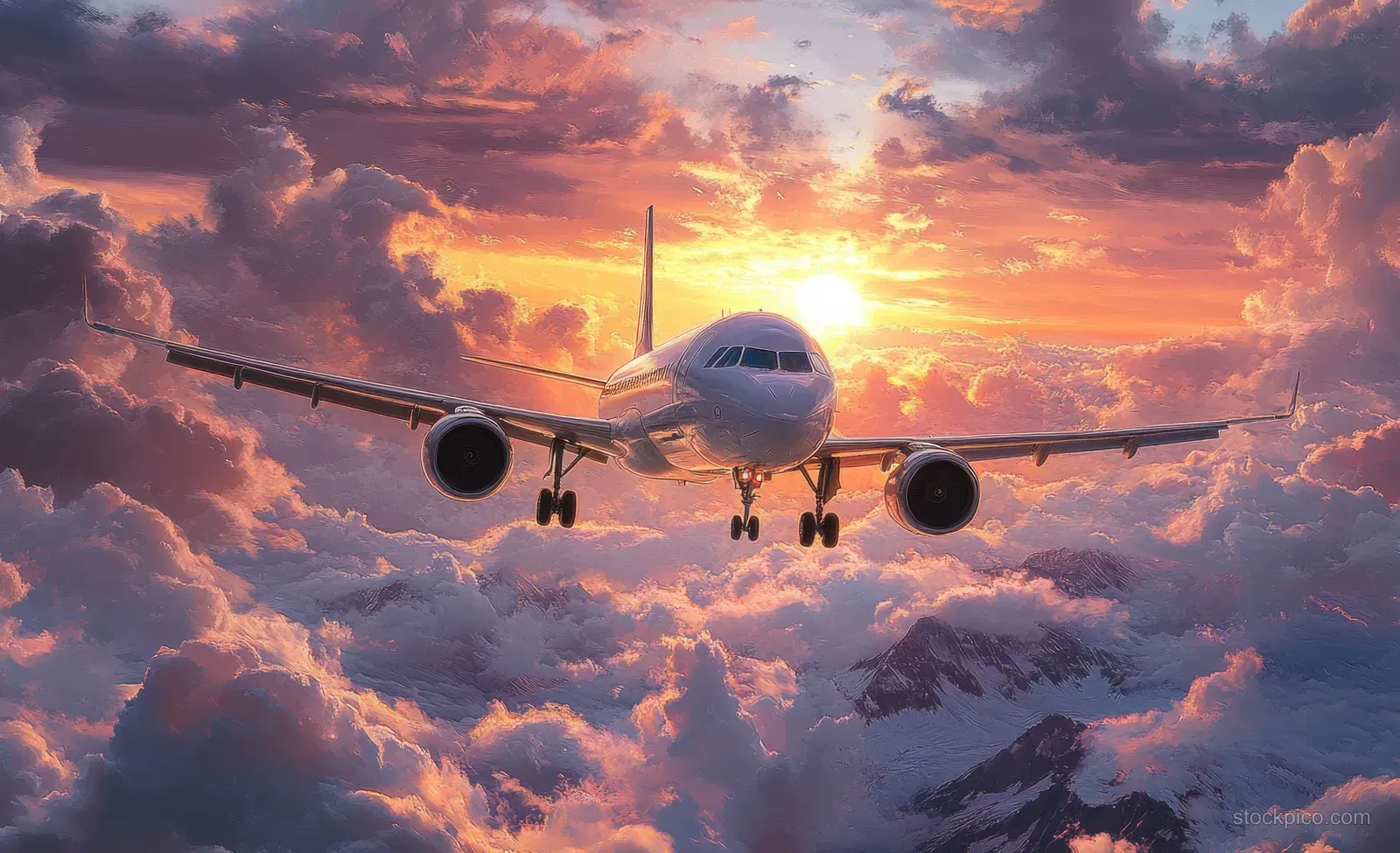 A passenger jet soars above dawn clouds with golden sunlight reflecting on its fuselage.