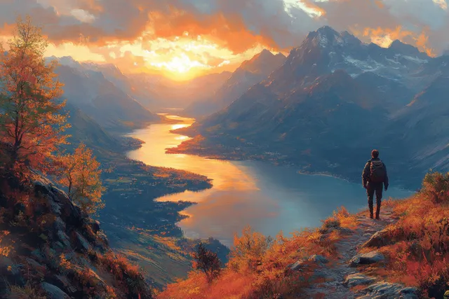 Lone hiker trekking a rocky trail at sunset overlooking misty lake and mountain valleys