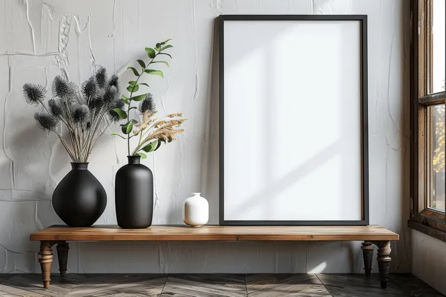 Minimalist black frame with blank poster on a wooden console beside black vases and thistles against a white wall.