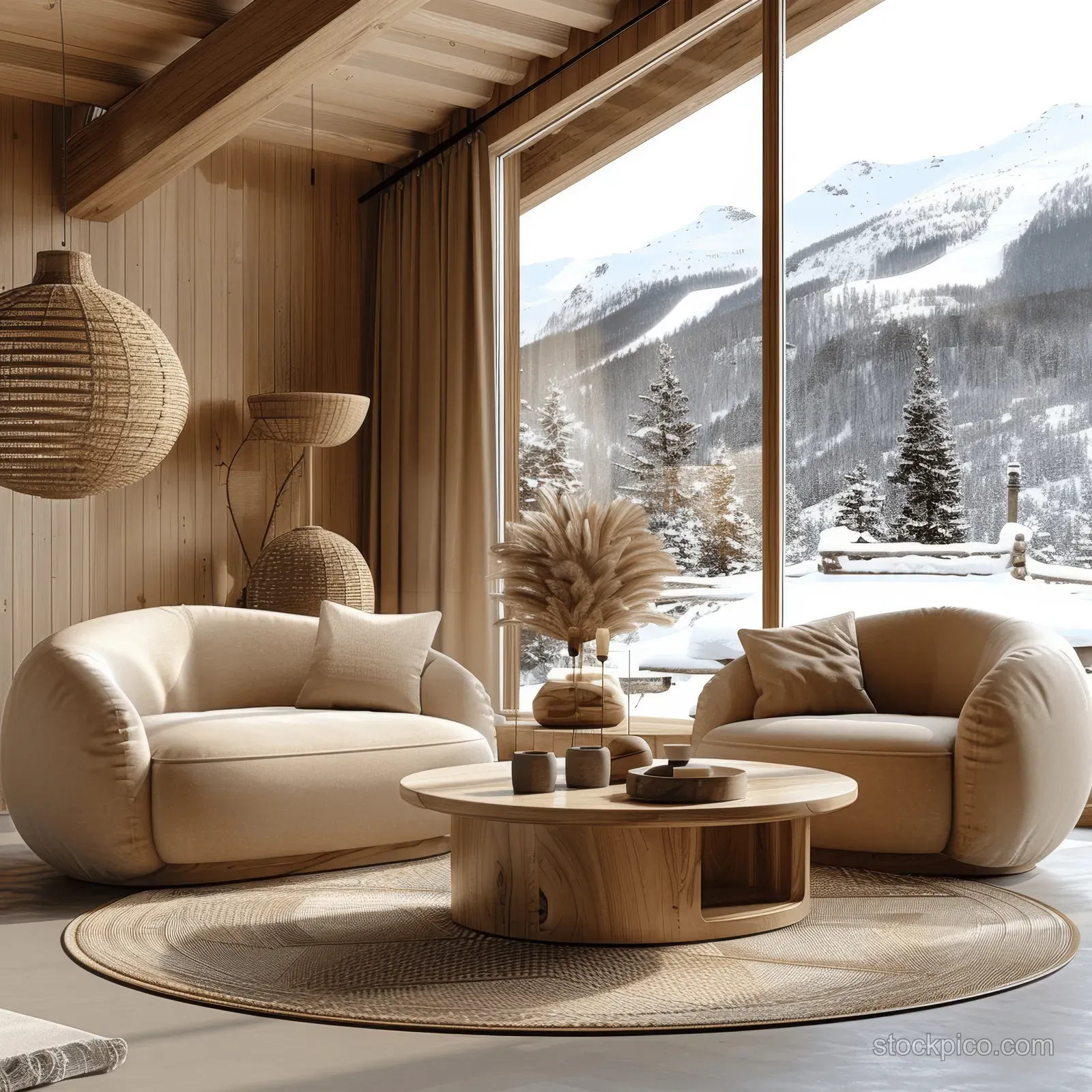 Beige sofas and a round wooden coffee table sit in a minimalist living room beside large winter mountain windows.