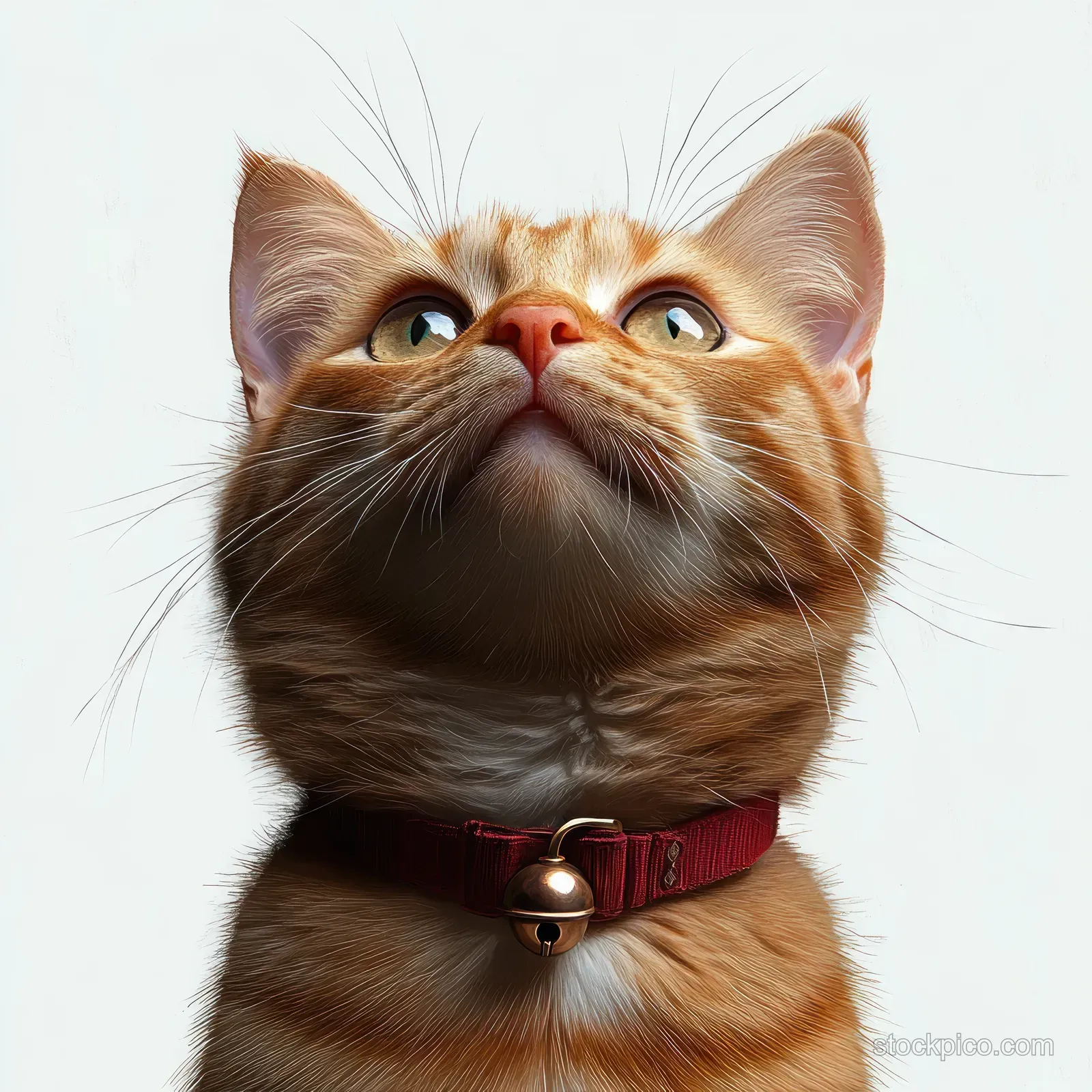 An orange tabby cat with a red collar and bell looks upward with wide eyes in a close-up against a white background.