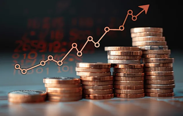 Stacked copper coins with a rising arrow and stock market graph on a dark background.