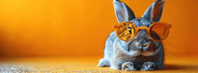 Easter bunny wearing sunglasses gives a thumbs-up while sitting on an orange background.