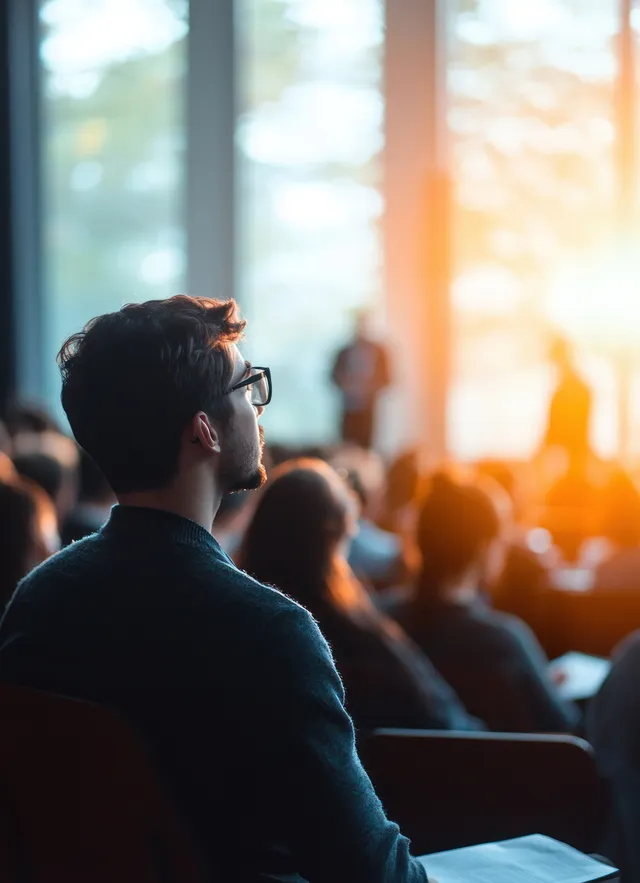 People seated in an auditorium watching a speaker on stage during a business seminar presentation.