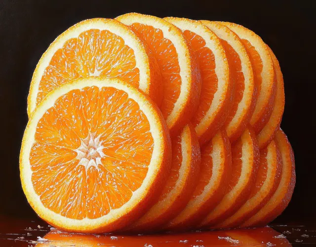 Fresh orange slices arranged in a neat row on a dark surface with visible glossy reflections.