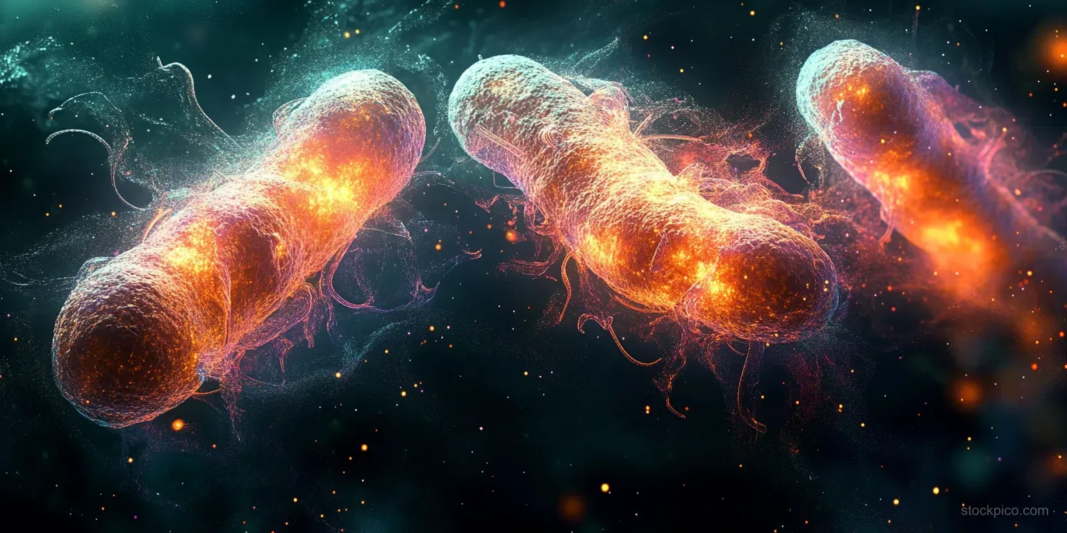Glowing elongated bacteria with textured surfaces and flagella floating in a dark background.