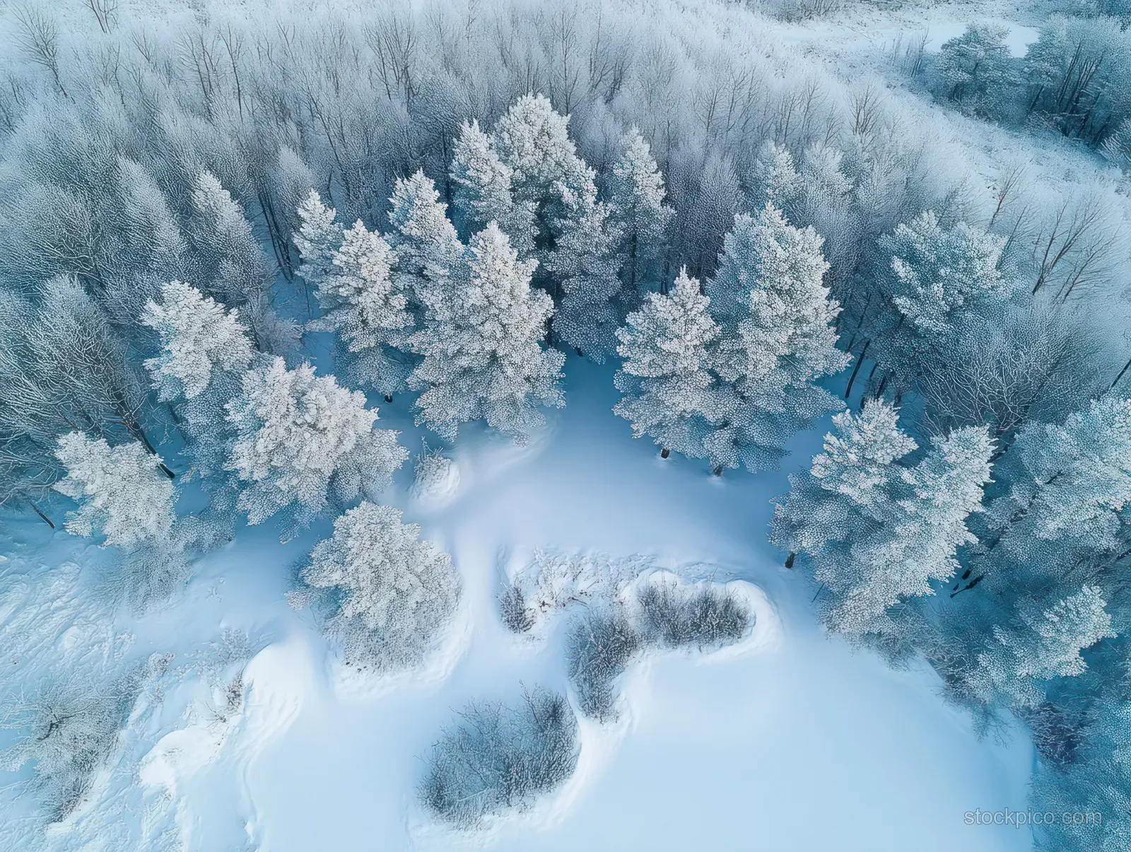 Aerial view shows frosty pine treetops and snow-covered ground with a winding path in a winter forest.