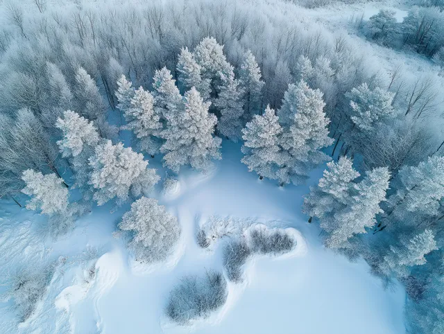 Aerial view shows frosty pine treetops and snow-covered ground with a winding path in a winter forest.