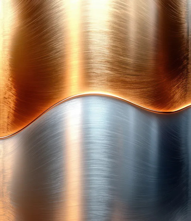 Brushed copper and silver wavy metal surfaces with flowing reflections and a smooth two-tone gradient.