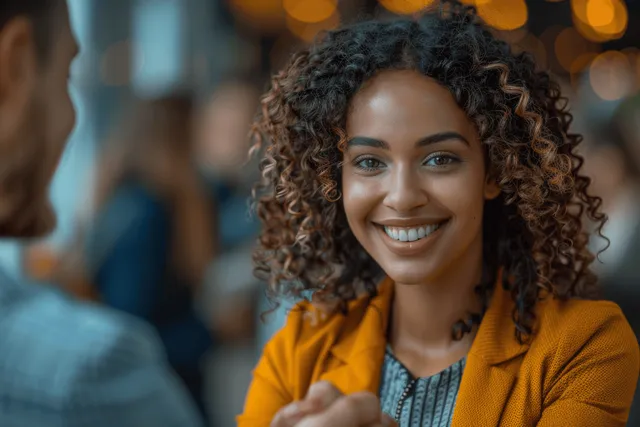 Smiling businesswoman shaking hands with colleague in softly lit office