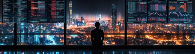 Silhouette of a business analyst overlooking a vibrant night city skyline with digital finance dashboards and stock charts.