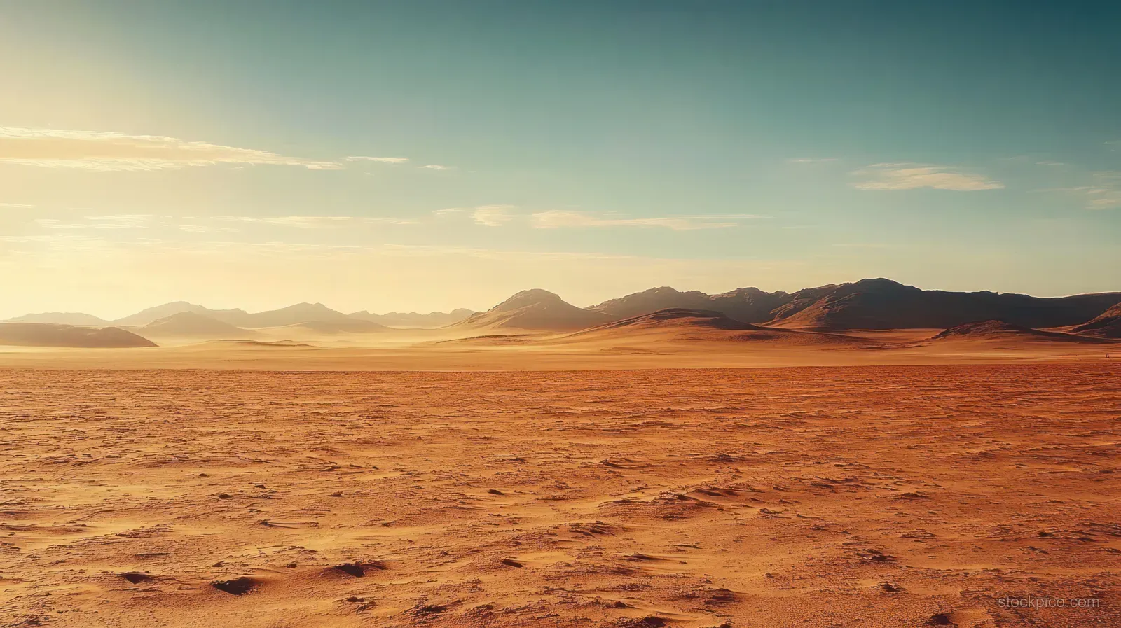 Reddish desert sand stretches toward distant mountains under a calm blue sky with soft clouds.