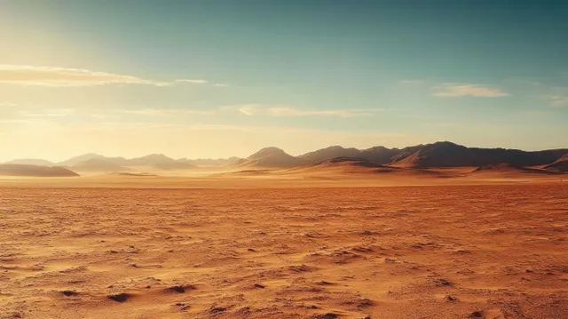 Vast barren desert plain under calm blue sky with distant mountain silhouettes