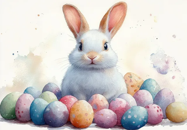 A white rabbit sits among colorful speckled Easter eggs on a light pastel watercolor background.