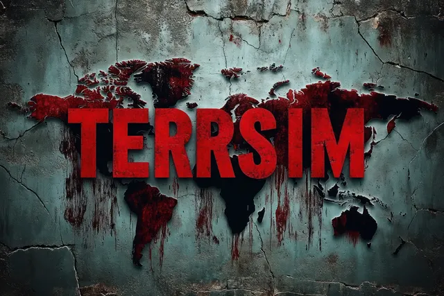 Terrorism word graphic over cracked concrete world map with blood splatter
