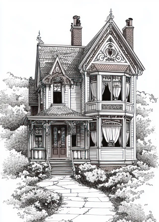 Ink sketch of a Victorian house with steep roof and a winding walkway leading to the front entrance amid trees.