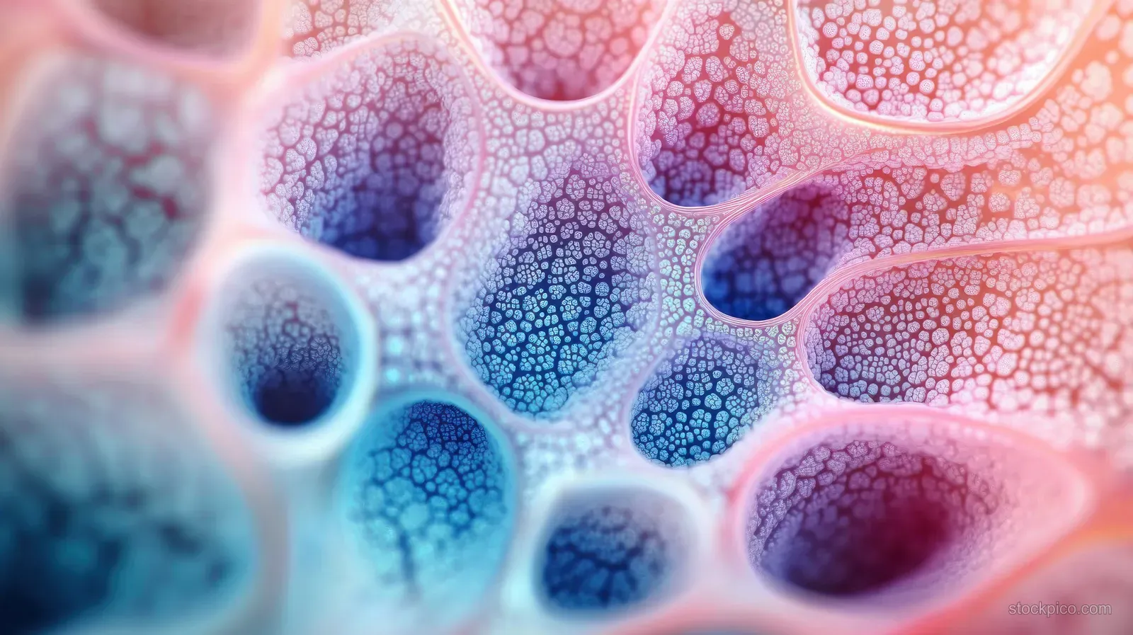Interconnected cell-like spheres with granular textured surfaces appear in soft blue, purple, and pink hues.