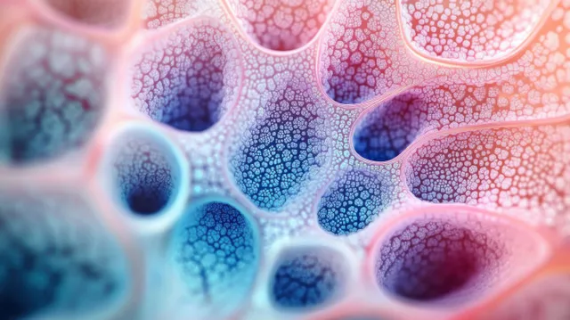 Interconnected cell-like spheres with granular textured surfaces appear in soft blue, purple, and pink hues.