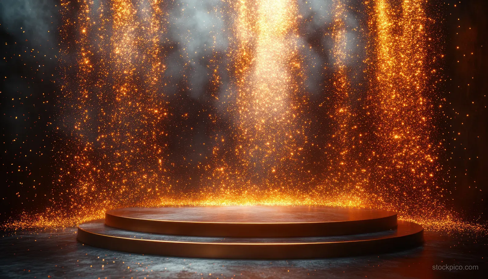 Golden confetti swirls in a spotlight above a circular stage pedestal on a dark floor.