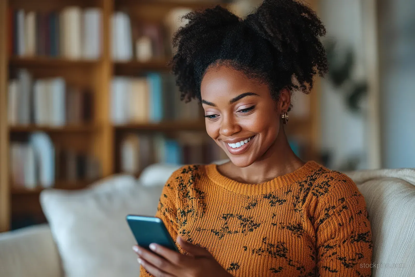 Smiling woman in an orange sweater sits on a sofa, looking at a smartphone in a cozy room with bookshelves.