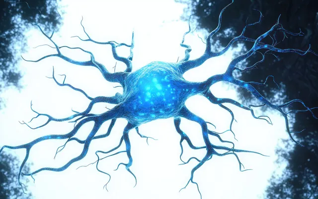 Glowing blue neuron with branching dendrites spreading like a network across a bright background with Central Nervous System