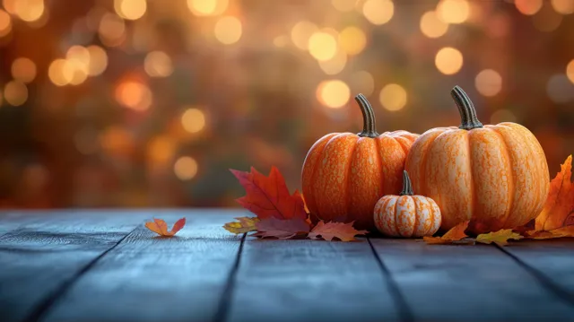 Small pumpkins sit on wooden planks with fallen autumn leaves, while warm bokeh lights blur in the background.