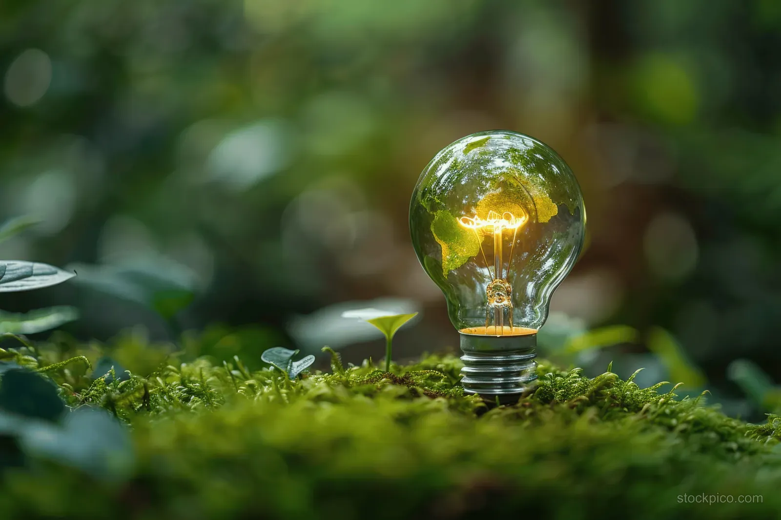 A glowing light bulb shaped like Earth sits on moss in a forest scene.