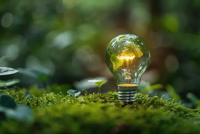 Glowing Light Bulb Formed as Earth on Moss in Forest